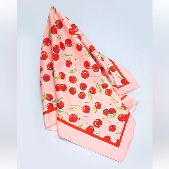 Pink Cherry Print Silky Feel Bandana Scarf - Picture 2 of 4